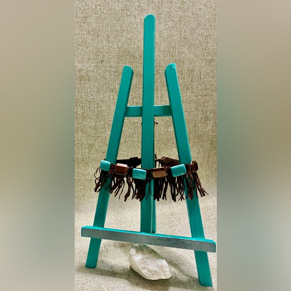 🏞️NATIVE TURQUOISE NECKLACE, IN SMALL SQUARES, BRASS AND GENUINE. LEATHER 🏞️